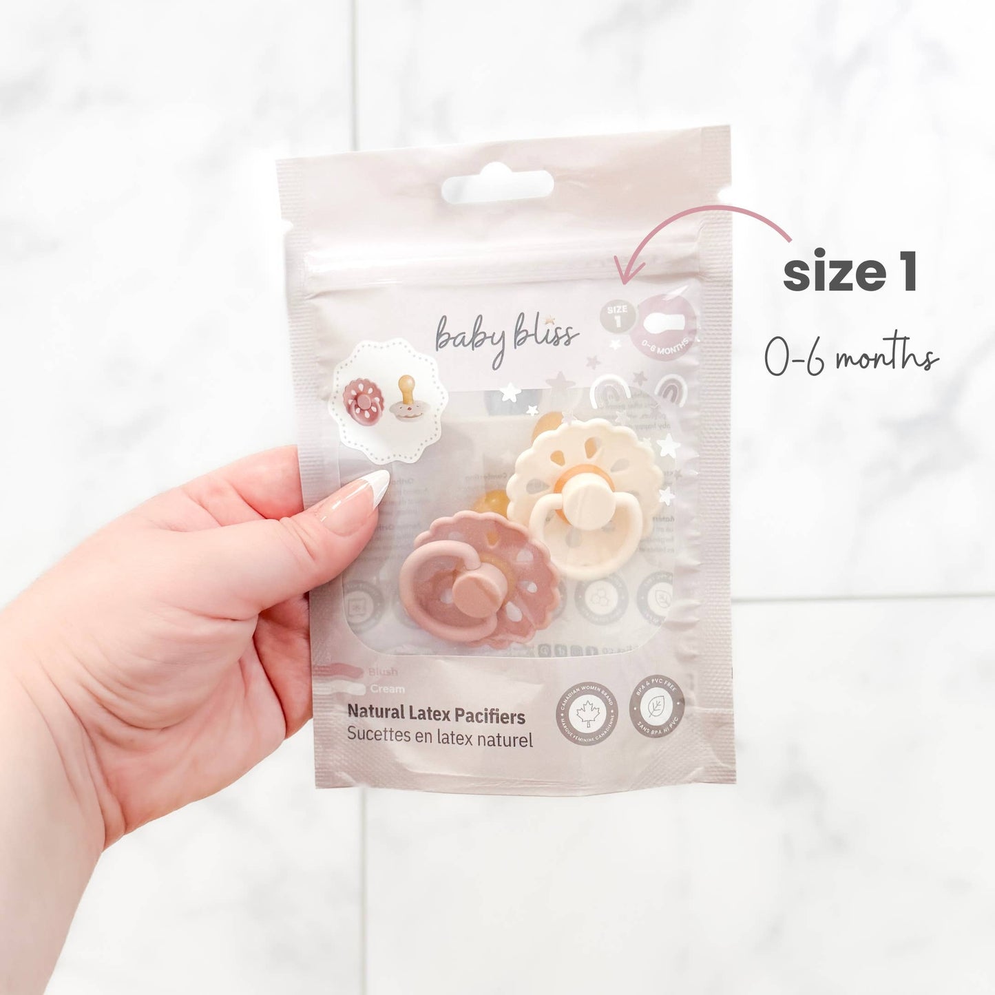 BABY BLISS NATURAL LATEX PACIFIERS - SIZE 1 (0-6mM)